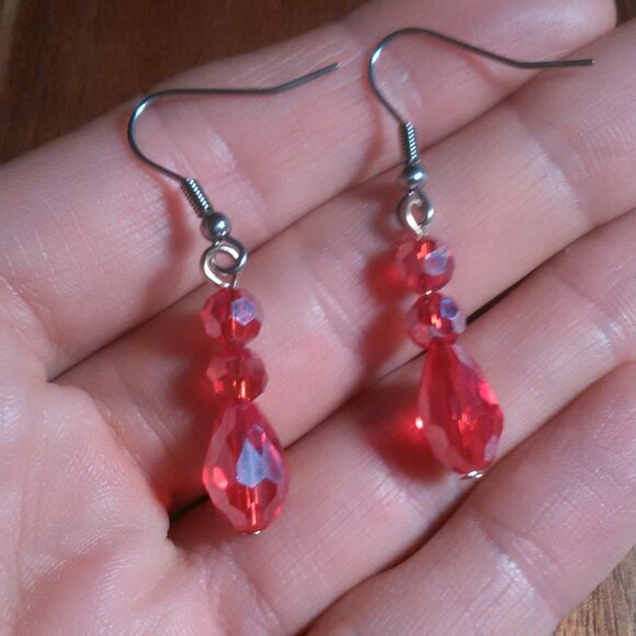 Beveled Red Glass Three Stone Silvertone and Stainless Steel Dangle Earrings - Picture 10 of 11